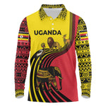 Uganda Long Sleeve Polo Shirt - African Wildlife Elephant Lion and Crane in Tribal Pattern Design