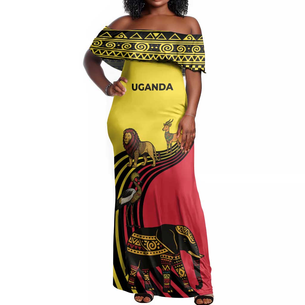 Uganda Off Shoulder Maxi Dress - African Wildlife Elephant Lion and Crane in Tribal Pattern Design by AfricanPride Uganda Off Shoulder Maxi Dress - African Wildlife Elephant Lion and Crane in Tribal Pattern Design by AfricanPride
