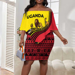 Uganda Off Shoulder Short Dress - African Wildlife Elephant Lion and Crane in Tribal Pattern Design