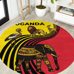 Uganda Round Carpet - African Wildlife Elephant Lion and Crane in Tribal Pattern Design