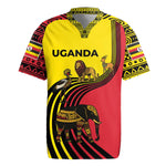 Uganda Rugby Jersey - African Wildlife Elephant Lion and Crane in Tribal Pattern Design