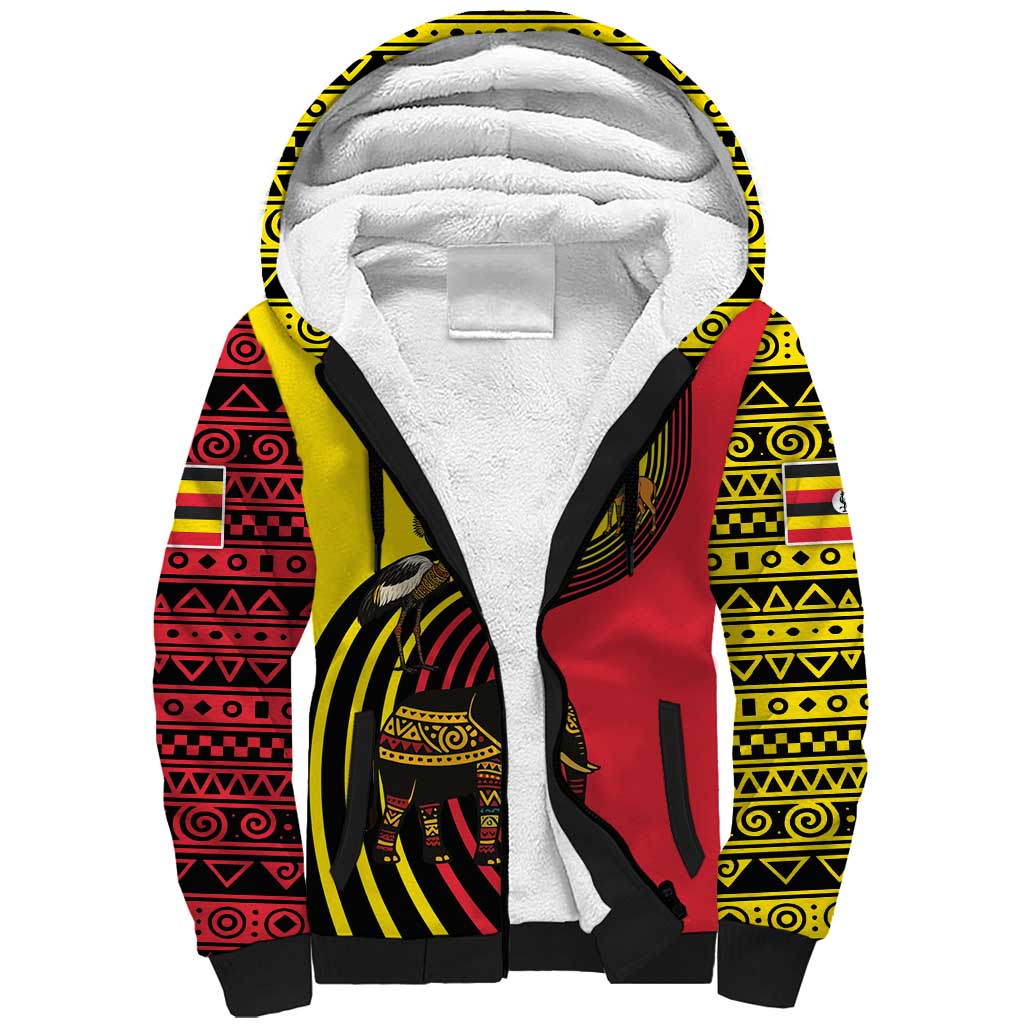 Uganda Sherpa Hoodie - African Wildlife Elephant Lion and Crane in Tribal Pattern Design