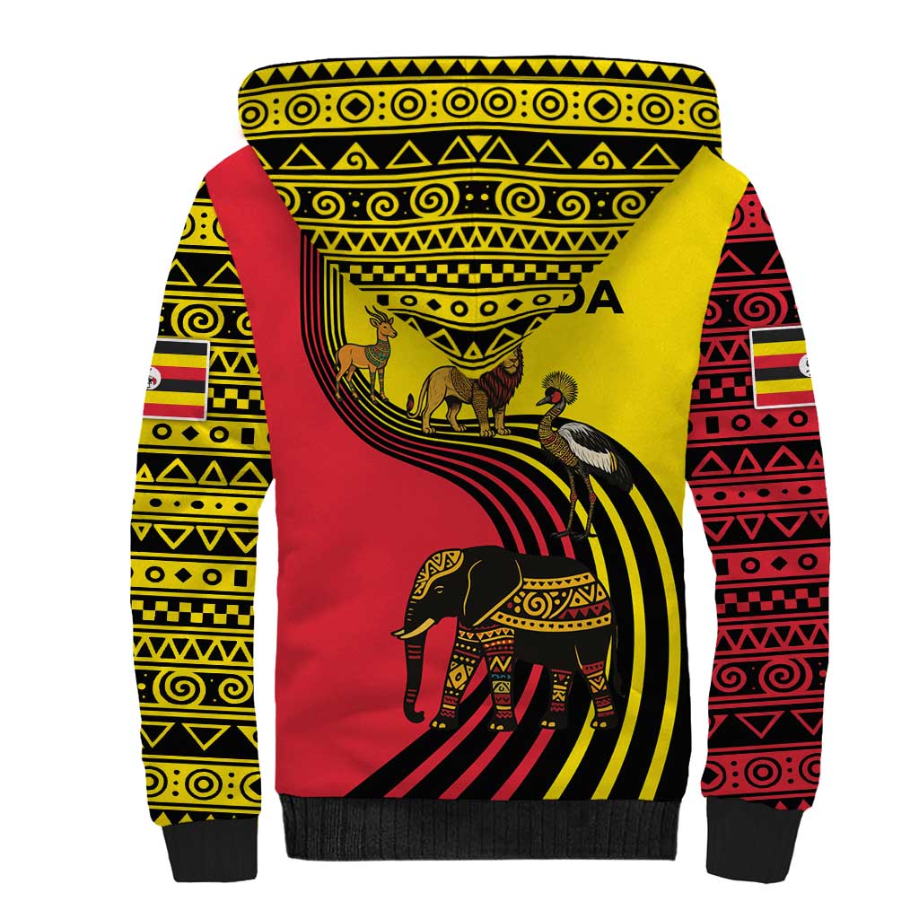Uganda Sherpa Hoodie - African Wildlife Elephant Lion and Crane in Tribal Pattern Design
