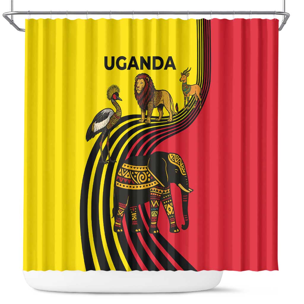 Uganda Shower Curtain - African Wildlife Elephant Lion and Crane in Tribal Pattern Design