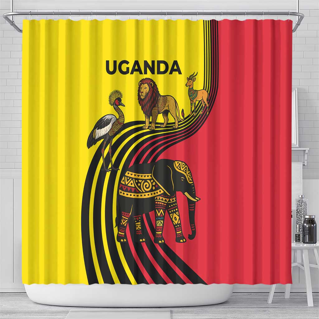 Uganda Shower Curtain - African Wildlife Elephant Lion and Crane in Tribal Pattern Design
