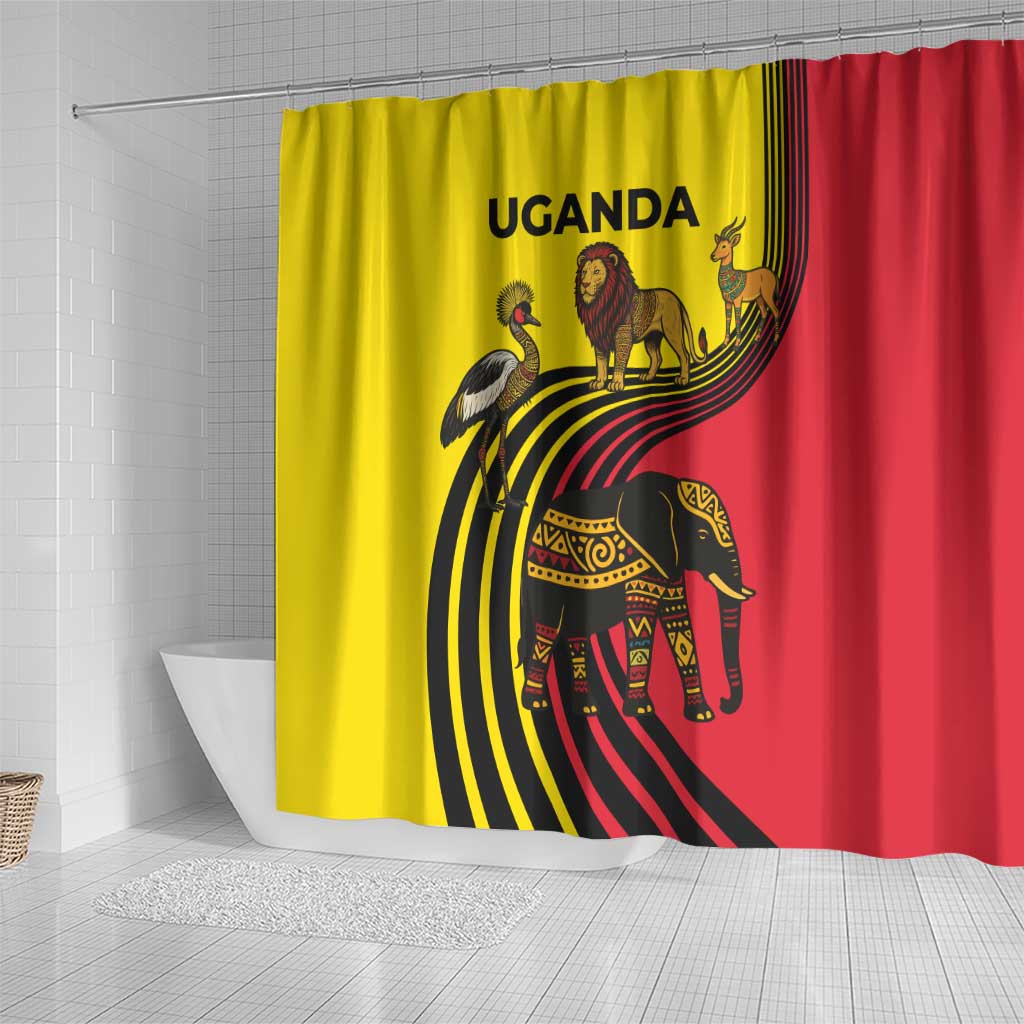 Uganda Shower Curtain - African Wildlife Elephant Lion and Crane in Tribal Pattern Design
