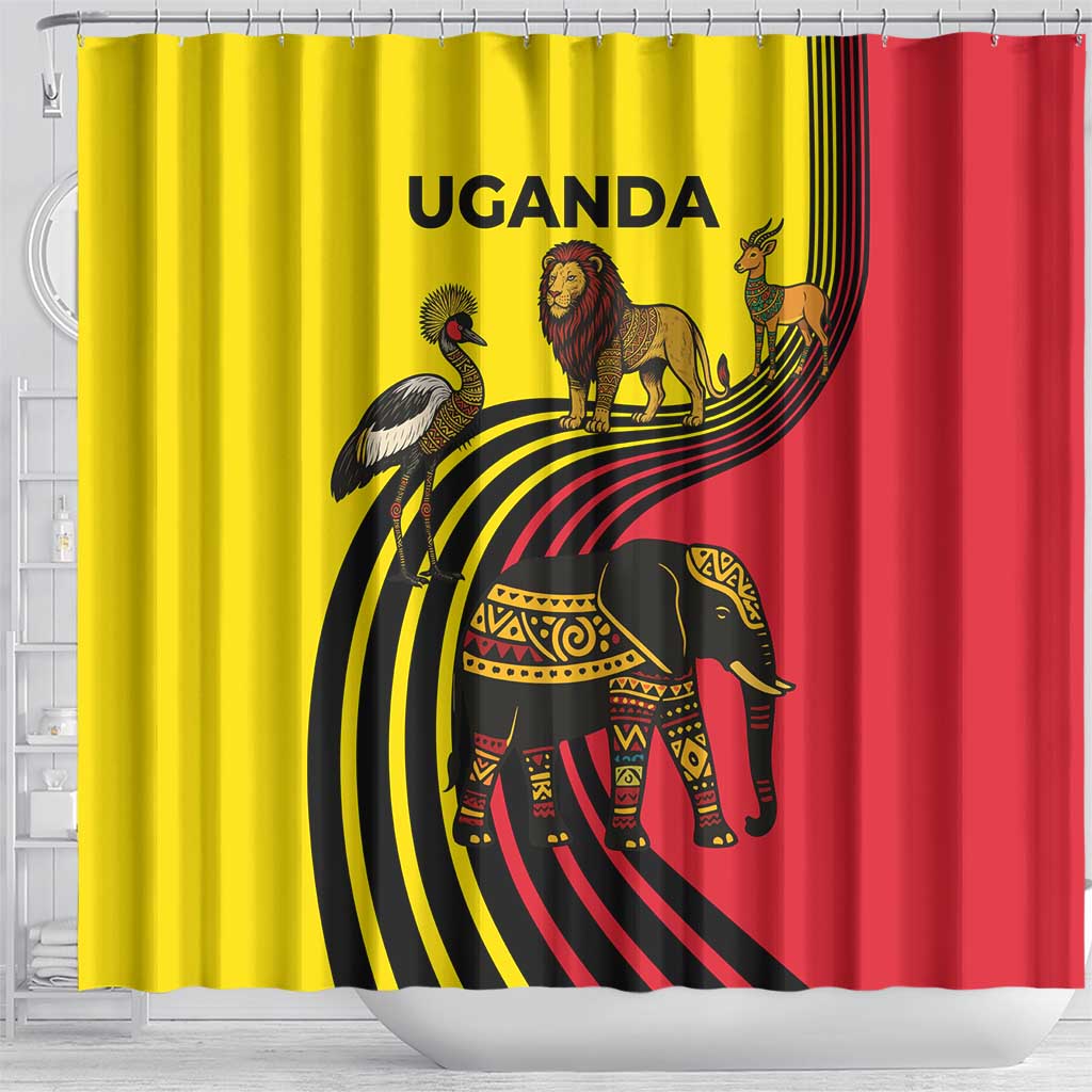 Uganda Shower Curtain - African Wildlife Elephant Lion and Crane in Tribal Pattern Design
