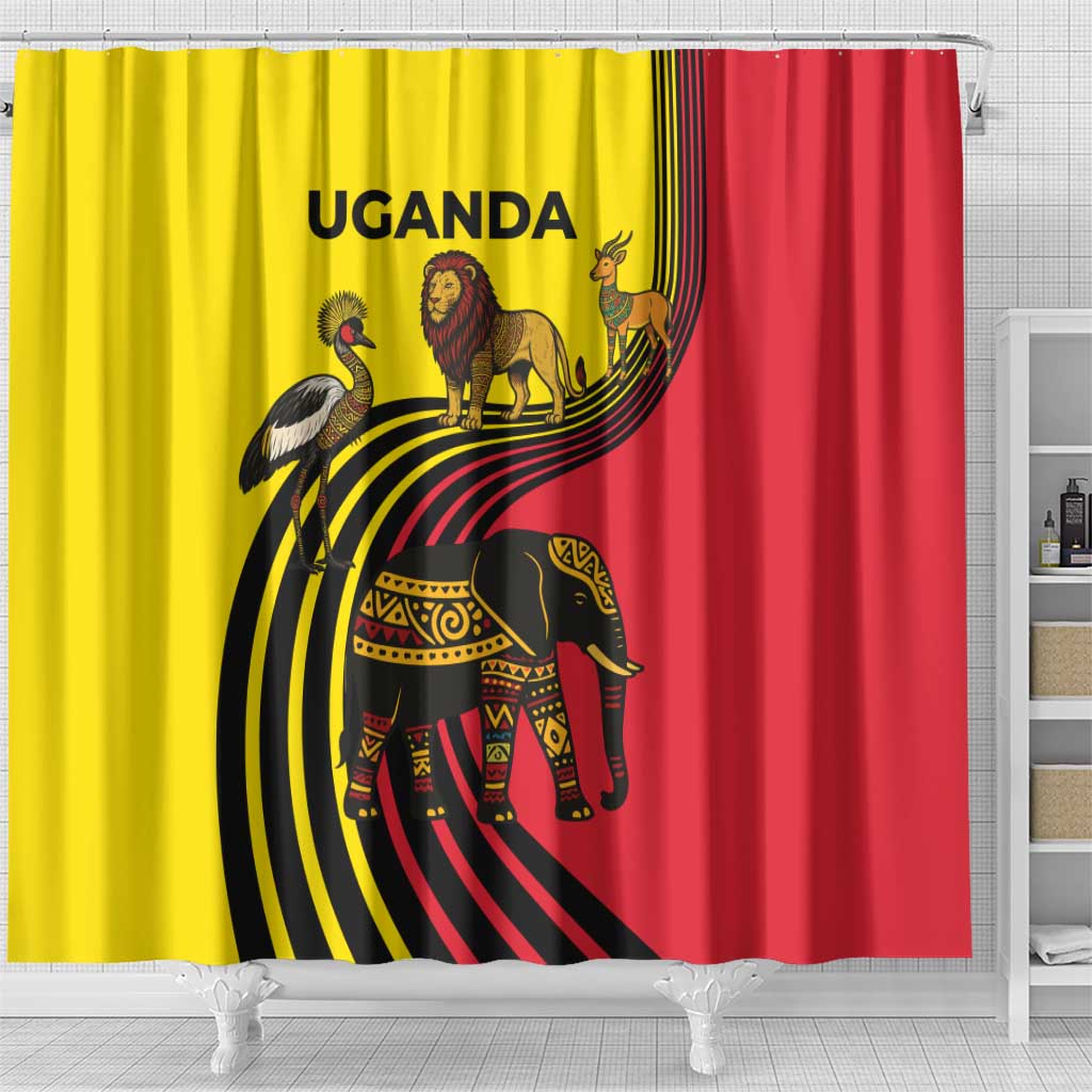 Uganda Shower Curtain - African Wildlife Elephant Lion and Crane in Tribal Pattern Design