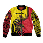 Uganda Sleeve Zip Bomber Jacket - African Wildlife Elephant Lion and Crane in Tribal Pattern Design