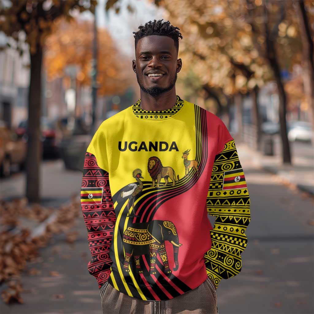 Uganda Sweatshirt - African Wildlife Elephant Lion and Crane in Tribal Pattern Design