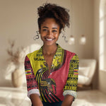 Uganda Women Casual Shirt - African Wildlife Elephant Lion and Crane in Tribal Pattern Design