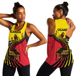 Uganda Women Racerback Tank - African Wildlife Elephant Lion and Crane in Tribal Pattern Design