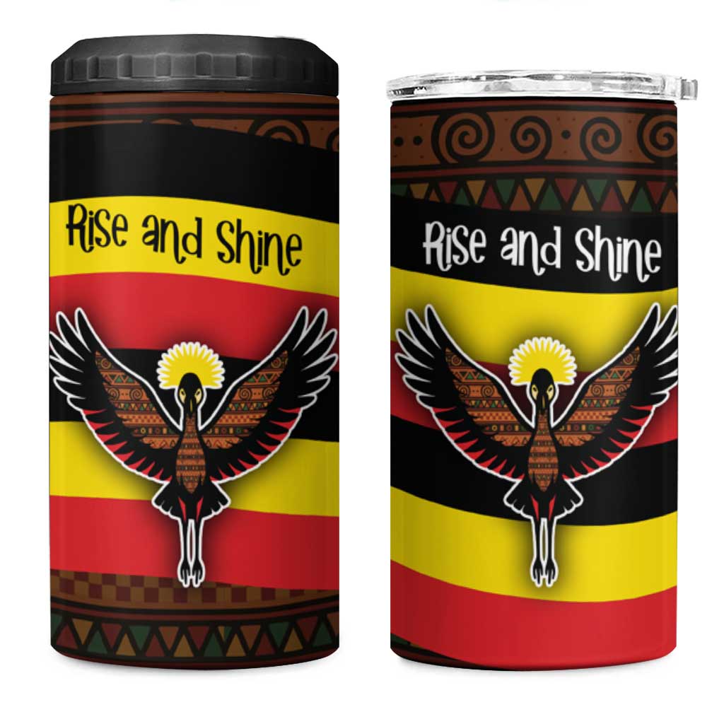 Uganda 4 in 1 Can Cooler Tumbler - Crested Crane and Rise and Shine Tribal Pattern Design