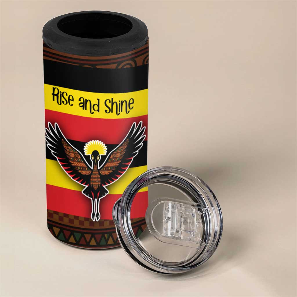 Uganda 4 in 1 Can Cooler Tumbler - Crested Crane and Rise and Shine Tribal Pattern Design