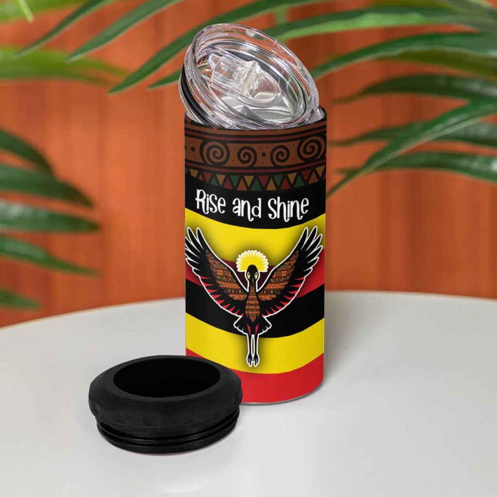 Uganda 4 in 1 Can Cooler Tumbler - Crested Crane and Rise and Shine Tribal Pattern Design