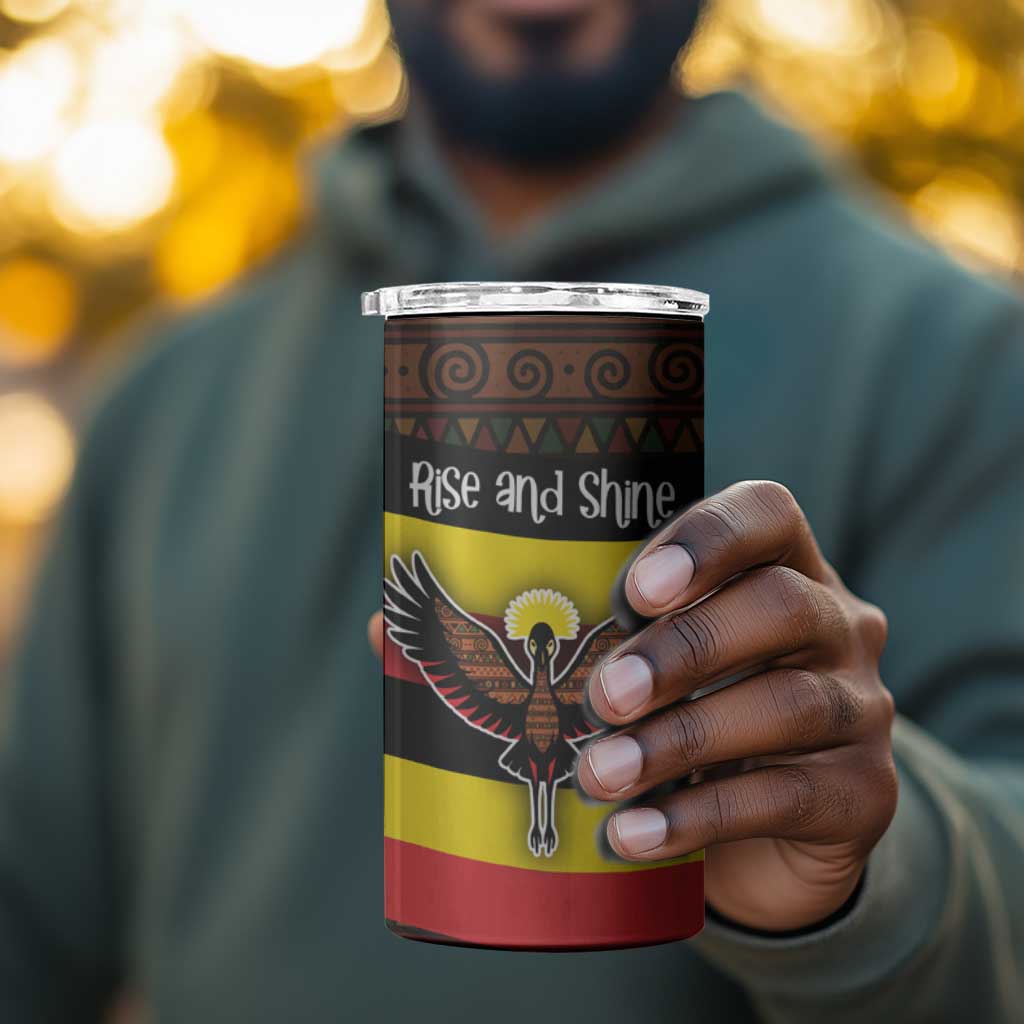 Uganda 4 in 1 Can Cooler Tumbler - Crested Crane and Rise and Shine Tribal Pattern Design