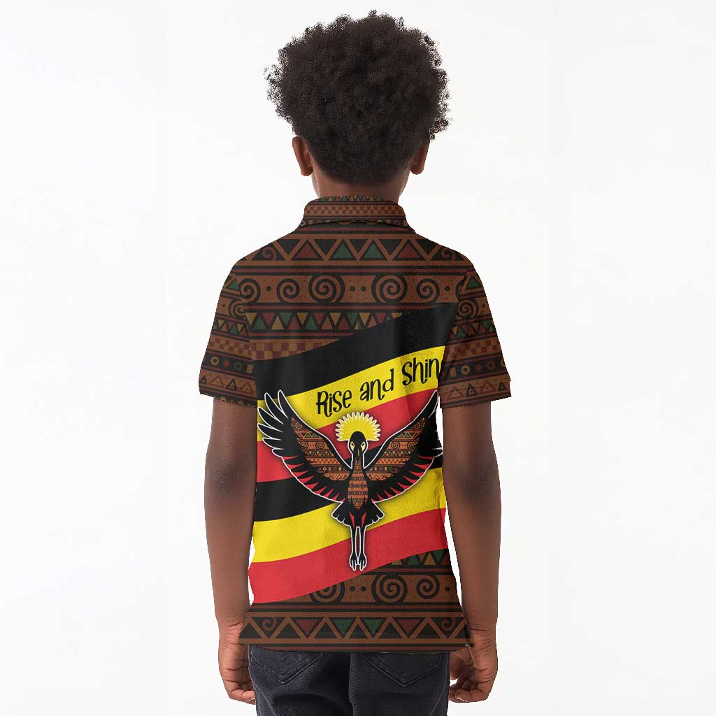 Uganda Kid Polo Shirt - Crested Crane and Rise and Shine Tribal Pattern Design