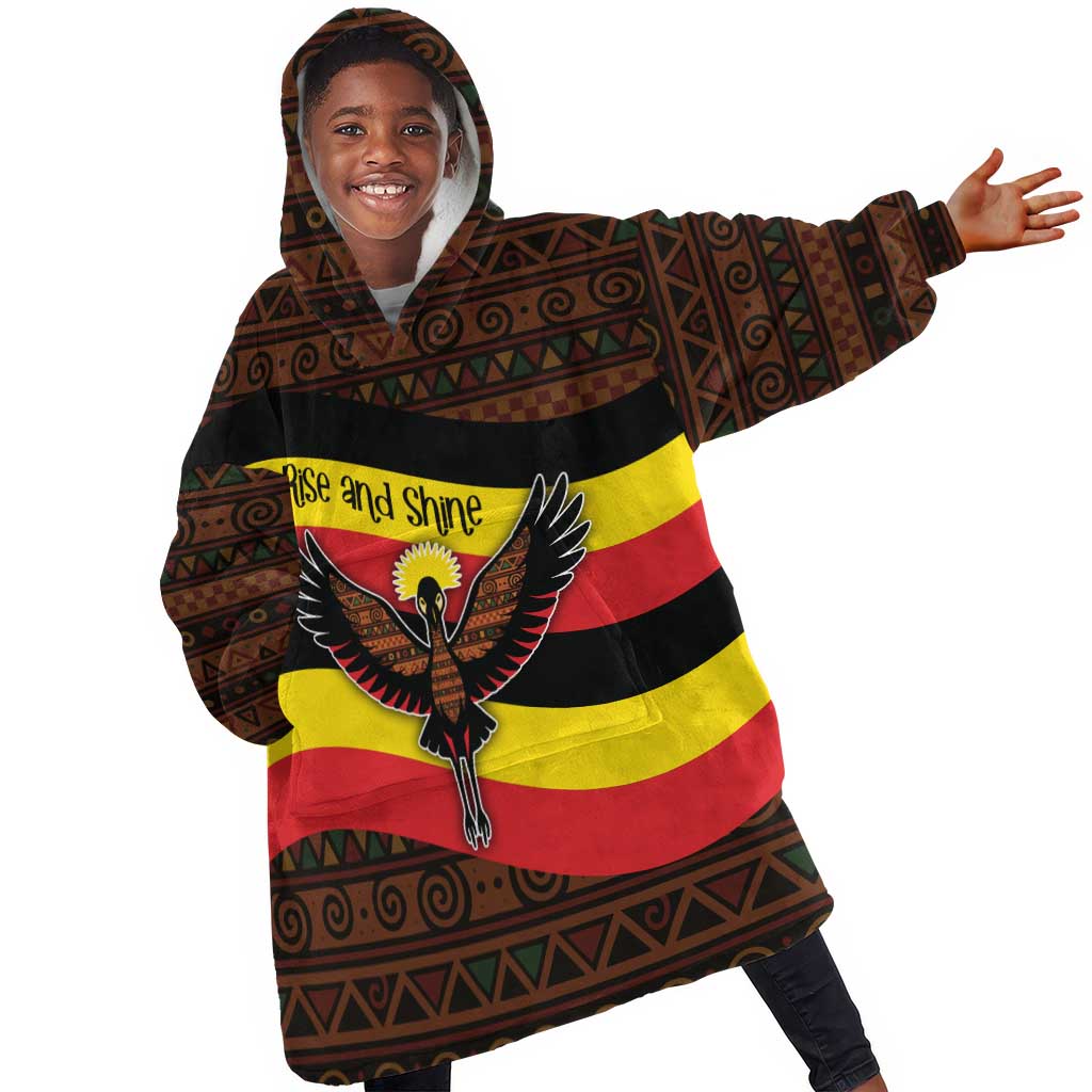 Uganda Kid Wearable Blanket Hoodie - Crested Crane and Rise and Shine Tribal Pattern Design