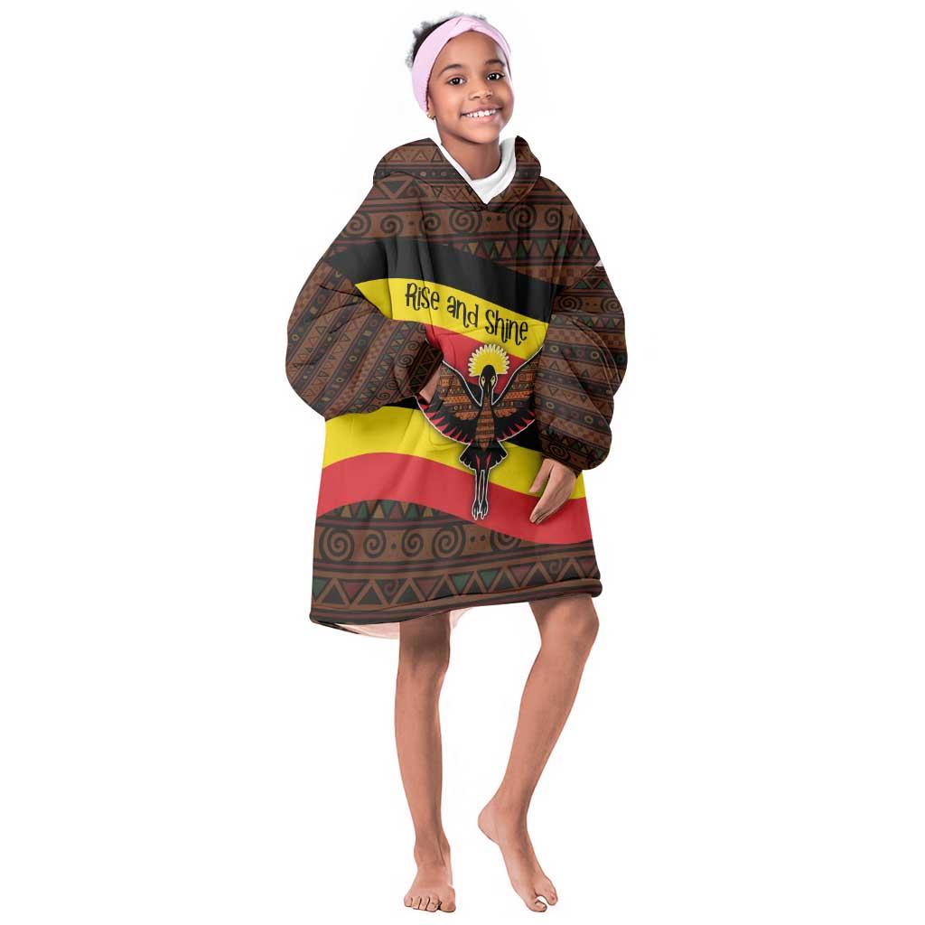 Uganda Kid Wearable Blanket Hoodie - Crested Crane and Rise and Shine Tribal Pattern Design