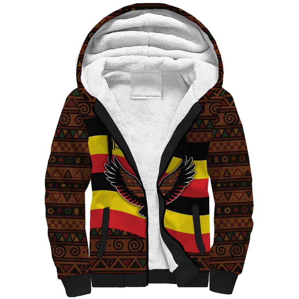 Uganda Sherpa Hoodie - Crested Crane and Rise and Shine Tribal Pattern Design