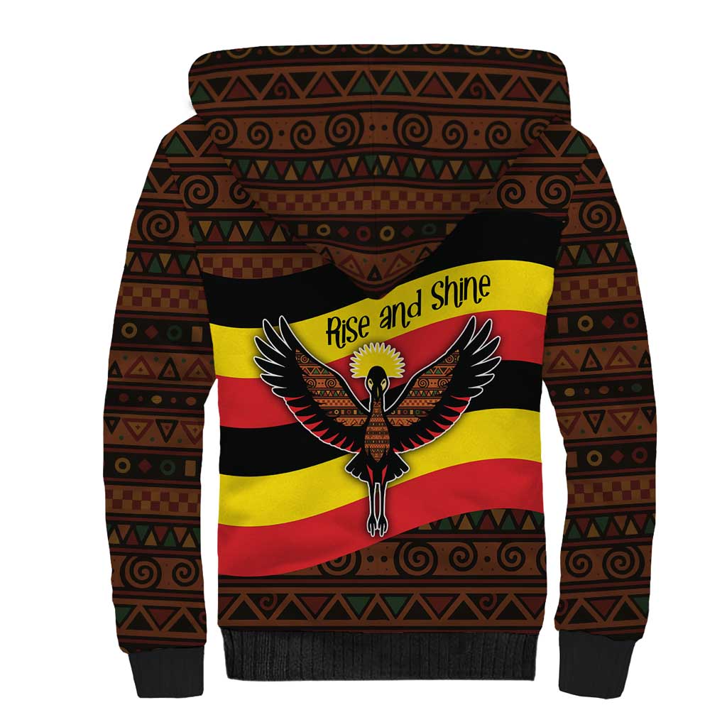 Uganda Sherpa Hoodie - Crested Crane and Rise and Shine Tribal Pattern Design