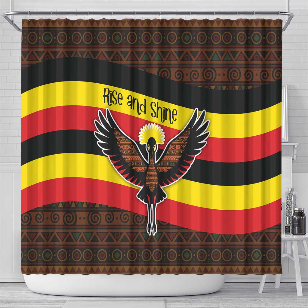 Uganda Shower Curtain - Crested Crane and Rise and Shine Tribal Pattern Design