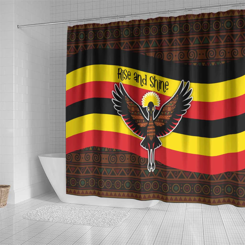 Uganda Shower Curtain - Crested Crane and Rise and Shine Tribal Pattern Design