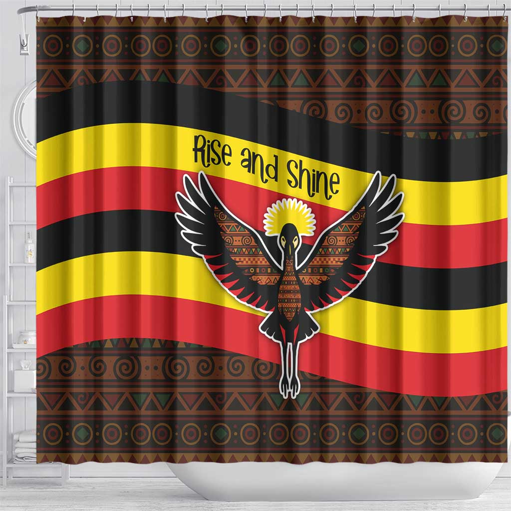 Uganda Shower Curtain - Crested Crane and Rise and Shine Tribal Pattern Design