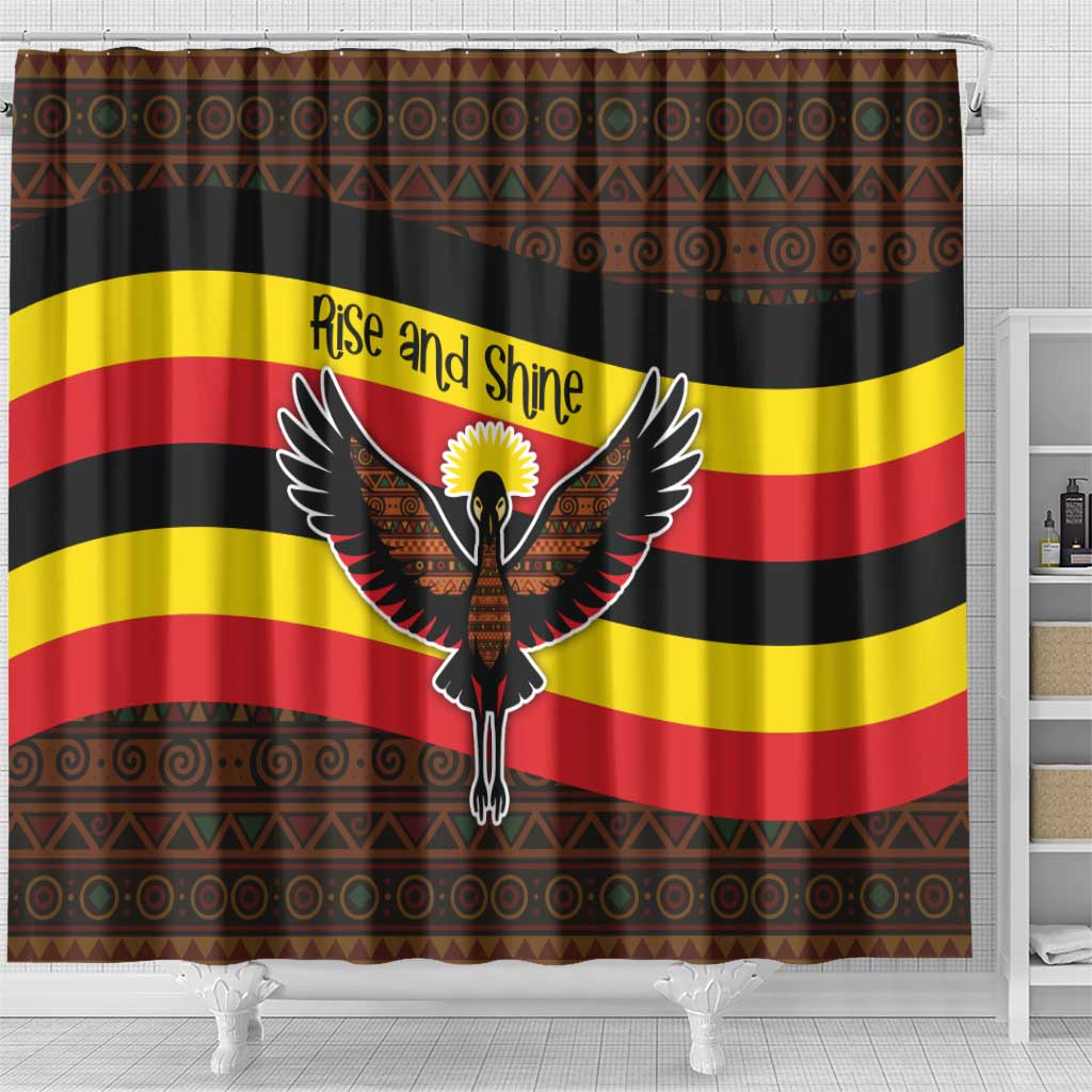 Uganda Shower Curtain - Crested Crane and Rise and Shine Tribal Pattern Design