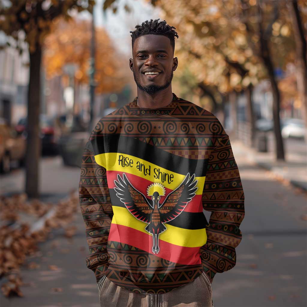 Uganda Sweatshirt - Crested Crane and Rise and Shine Tribal Pattern Design