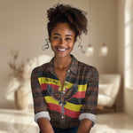 Uganda Women Casual Shirt - Crested Crane and Rise and Shine Tribal Pattern Design