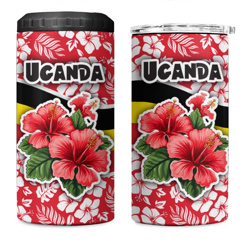 Uganda 4 in 1 Can Cooler Tumbler - Red Hibiscus Flowers and National Flag Design