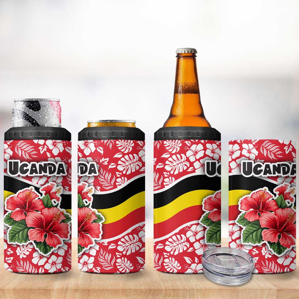 Uganda 4 in 1 Can Cooler Tumbler - Red Hibiscus Flowers and National Flag Design