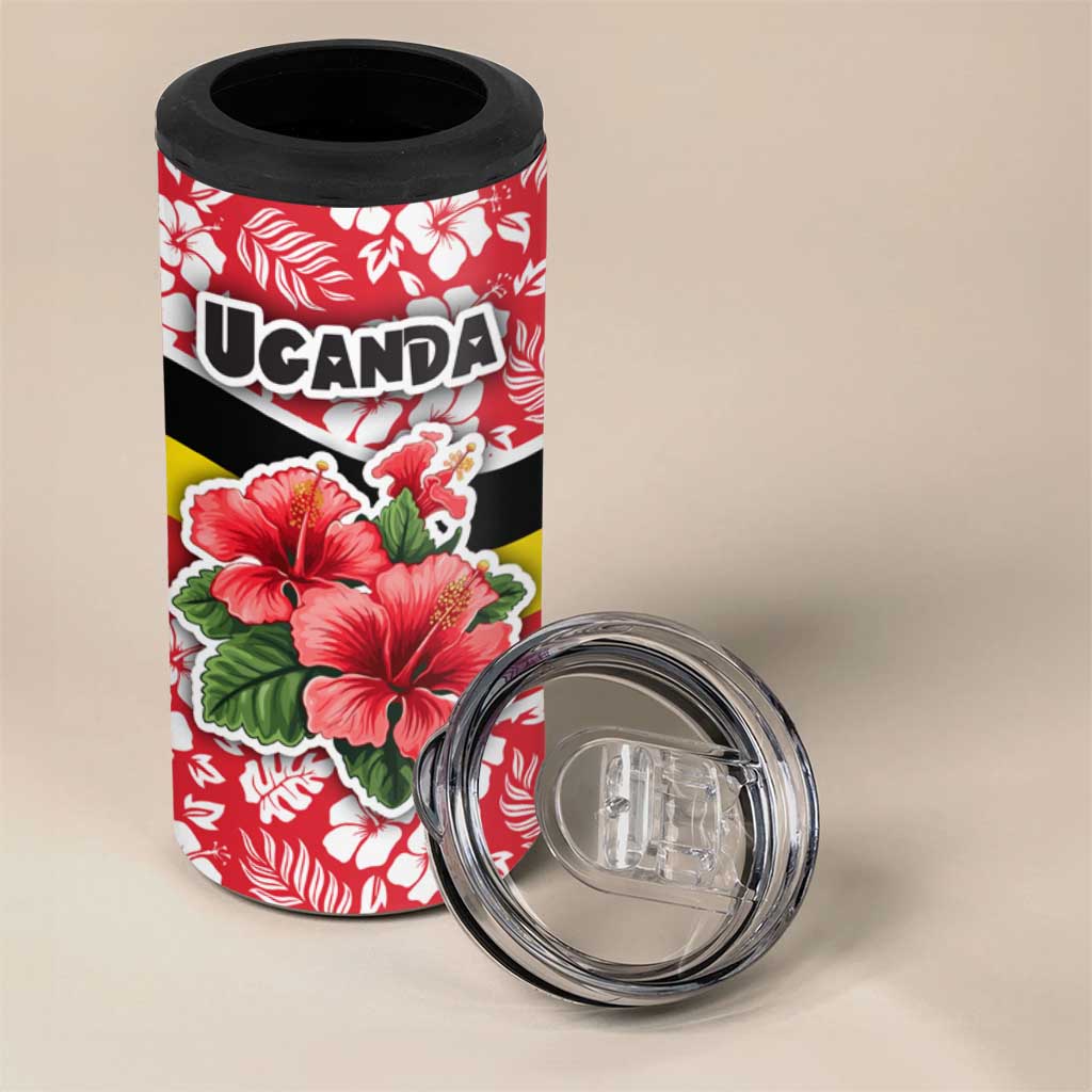 Uganda 4 in 1 Can Cooler Tumbler - Red Hibiscus Flowers and National Flag Design