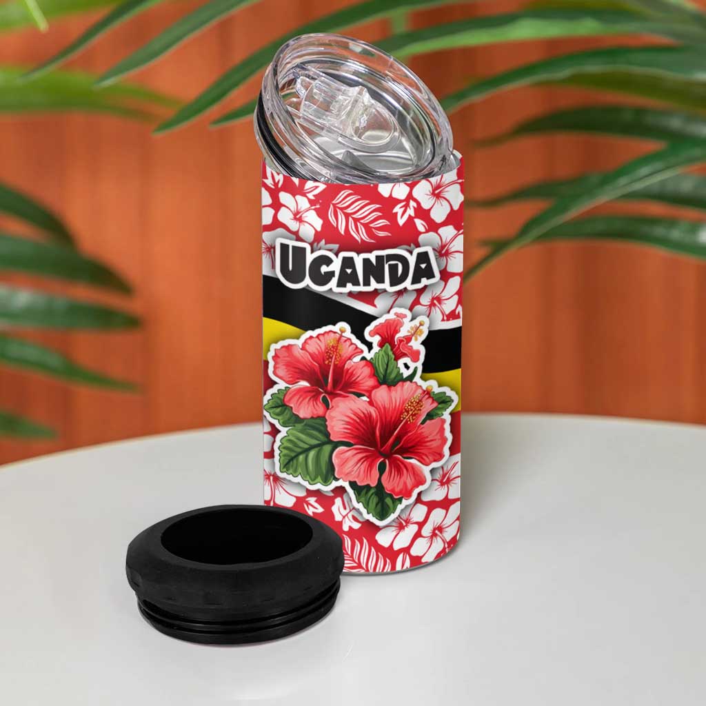 Uganda 4 in 1 Can Cooler Tumbler - Red Hibiscus Flowers and National Flag Design