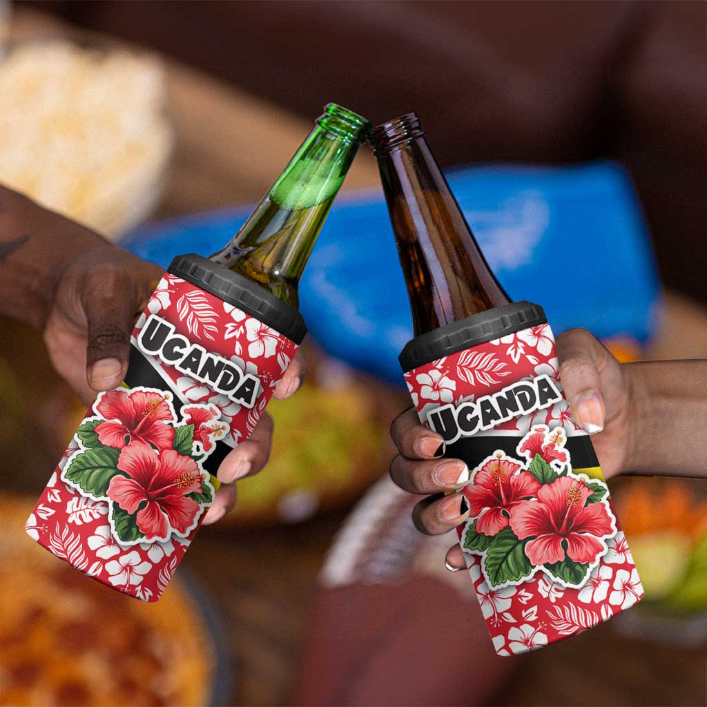 Uganda 4 in 1 Can Cooler Tumbler - Red Hibiscus Flowers and National Flag Design