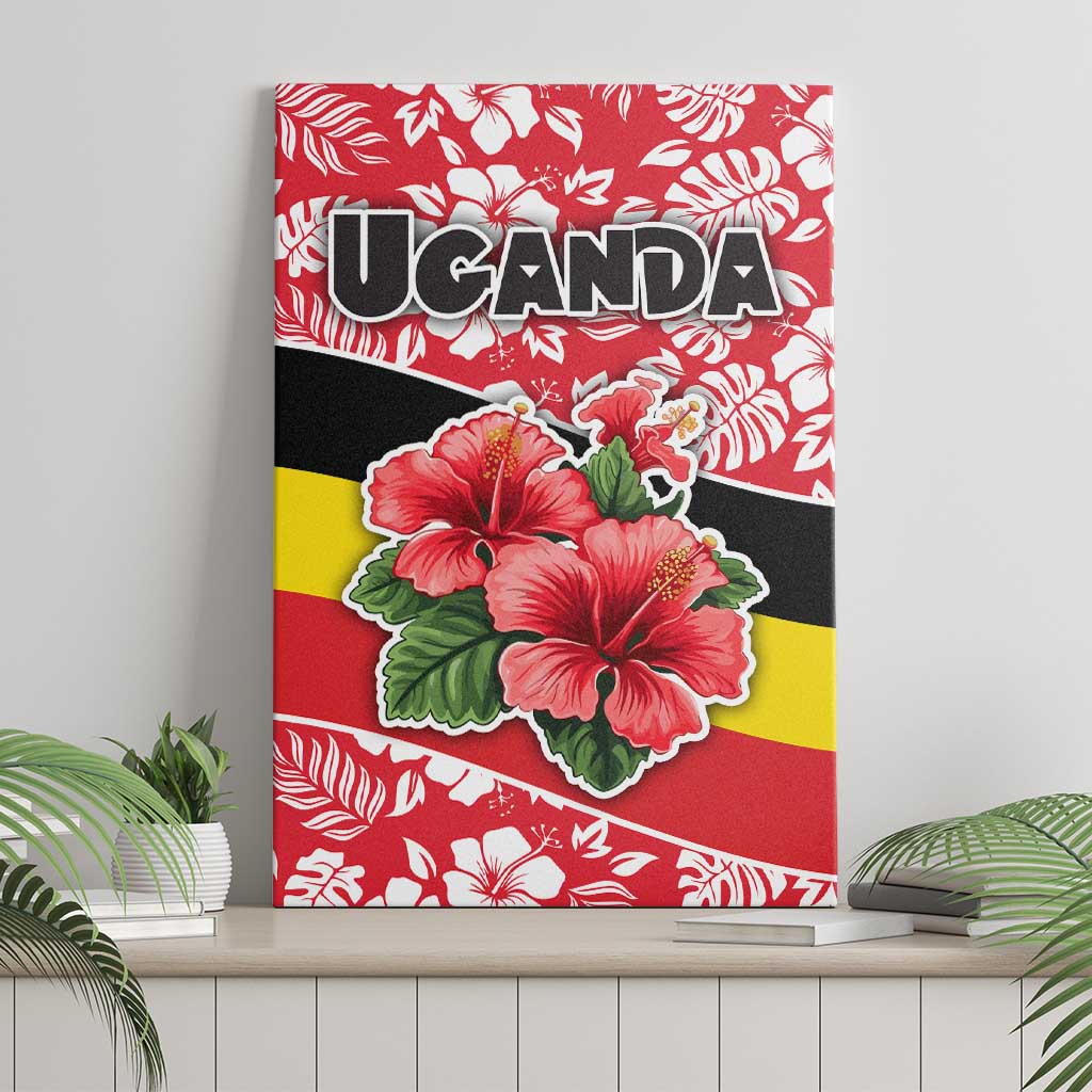 Uganda Canvas Wall Art - Red Hibiscus Flowers and National Flag Design