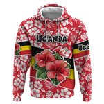 Uganda Hoodie - Red Hibiscus Flowers and National Flag Design