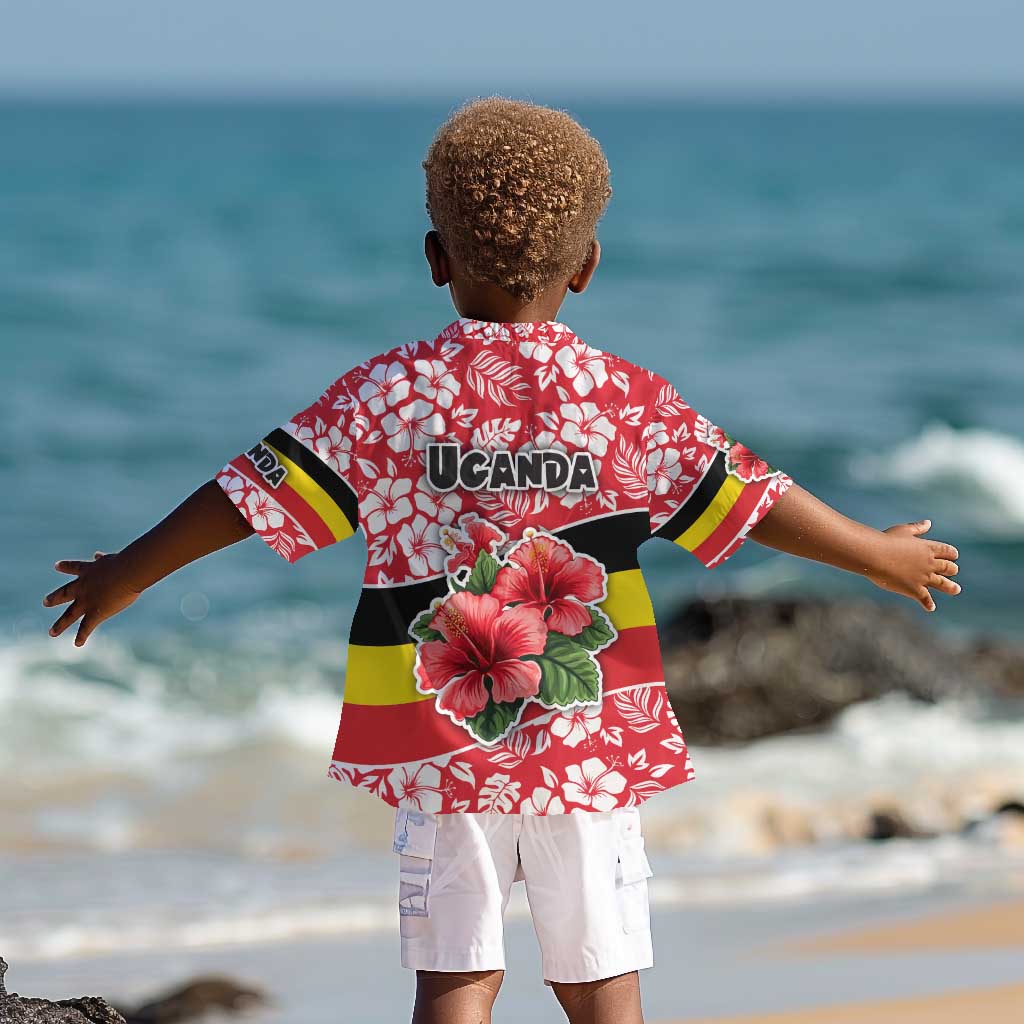 Uganda Kid Hawaiian Shirt - Red Hibiscus Flowers and National Flag Design
