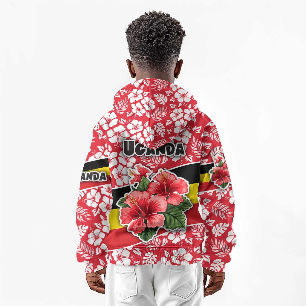 Uganda Kid Hoodie - Red Hibiscus Flowers and National Flag Design