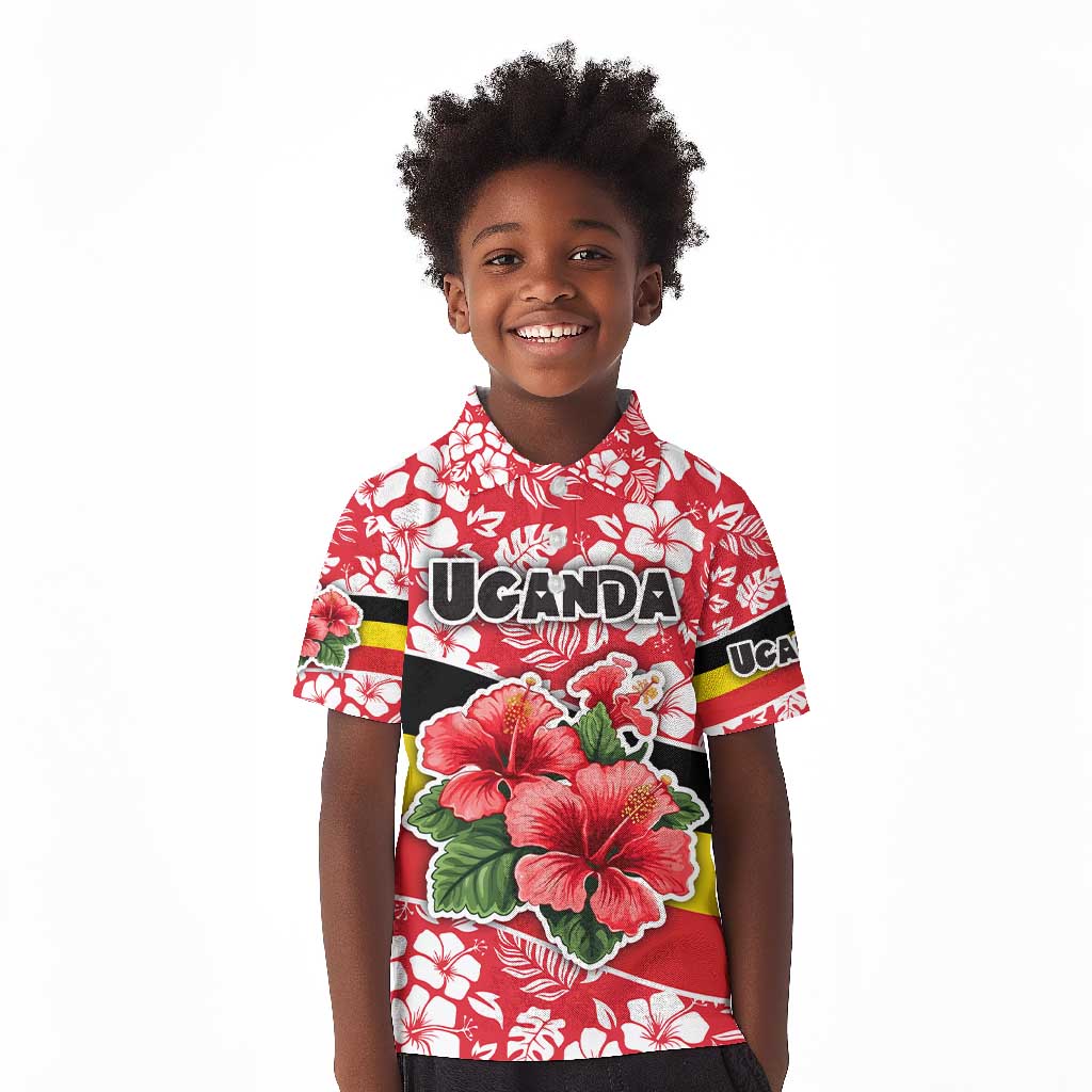 Uganda Kid Polo Shirt - Red Hibiscus Flowers and National Flag Design