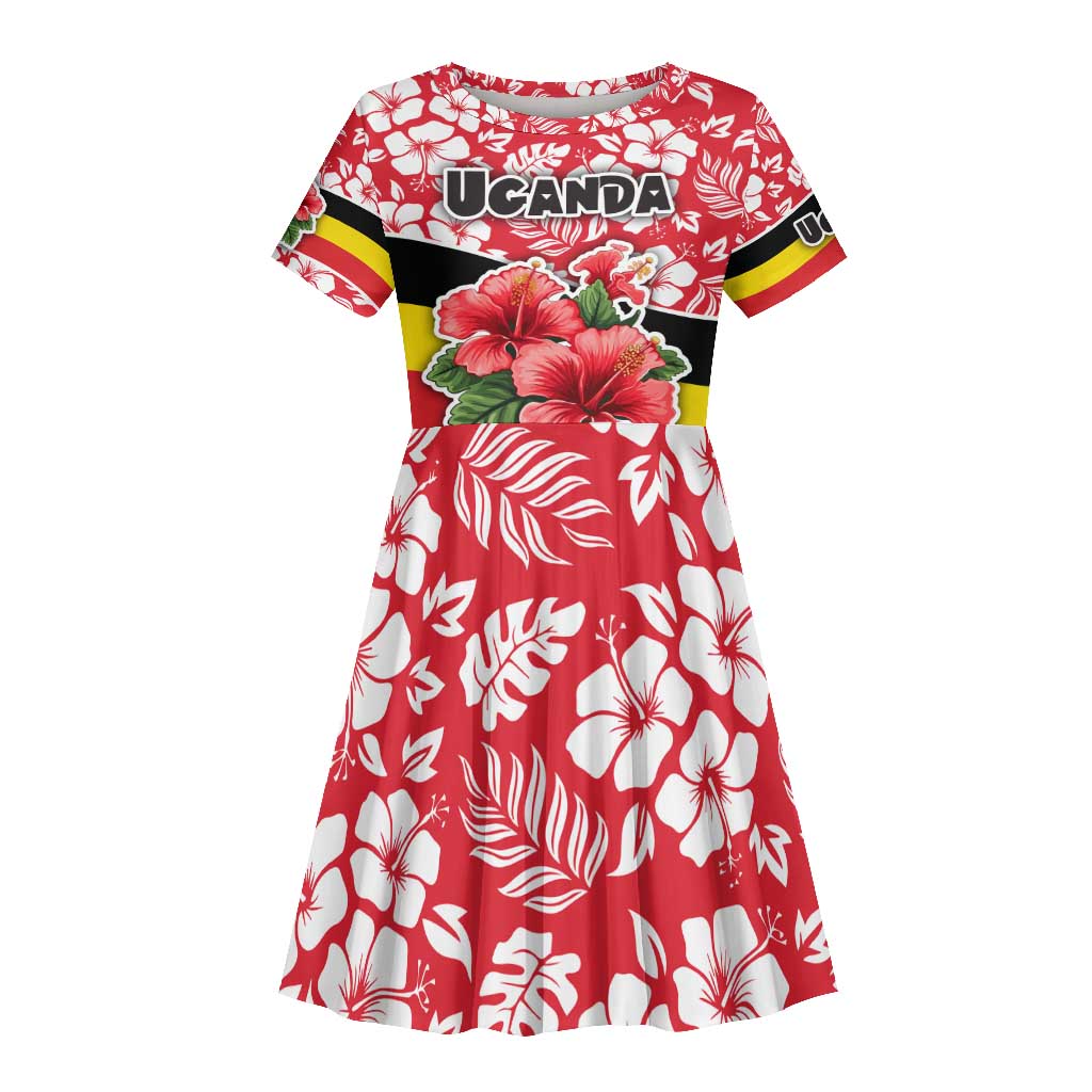 Uganda Kid Short Sleeve Dress - Red Hibiscus Flowers and National Flag Design