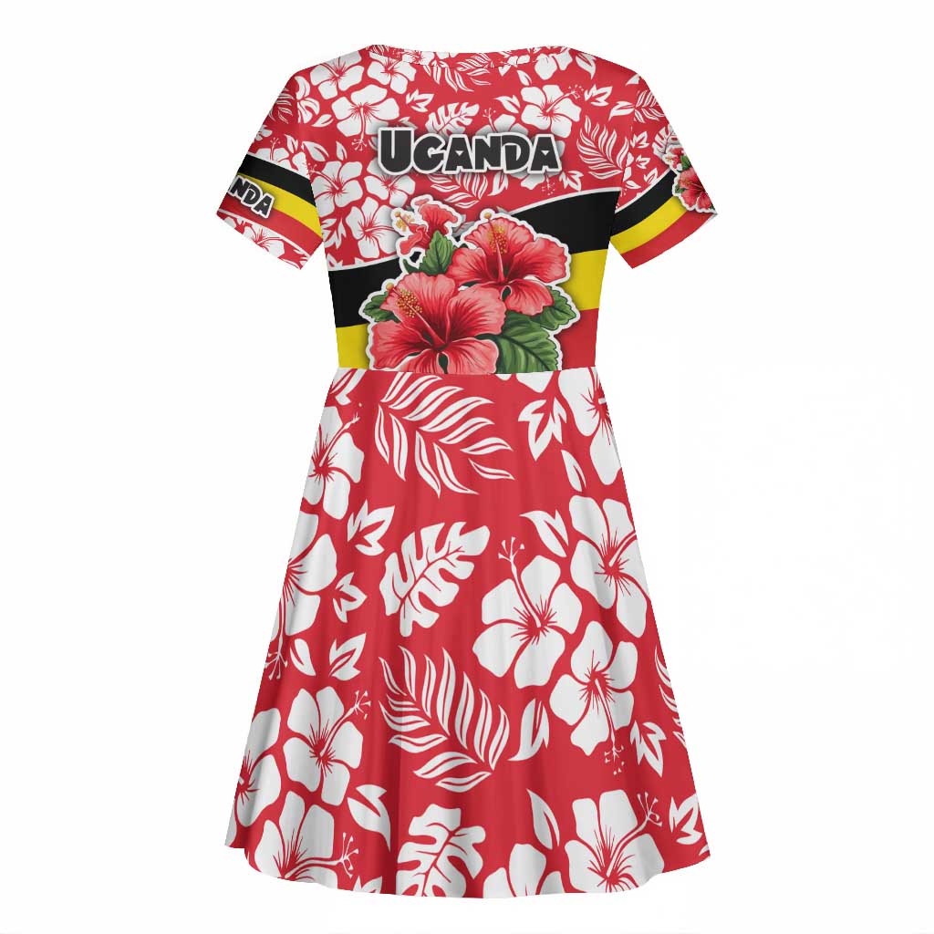 Uganda Kid Short Sleeve Dress - Red Hibiscus Flowers and National Flag Design