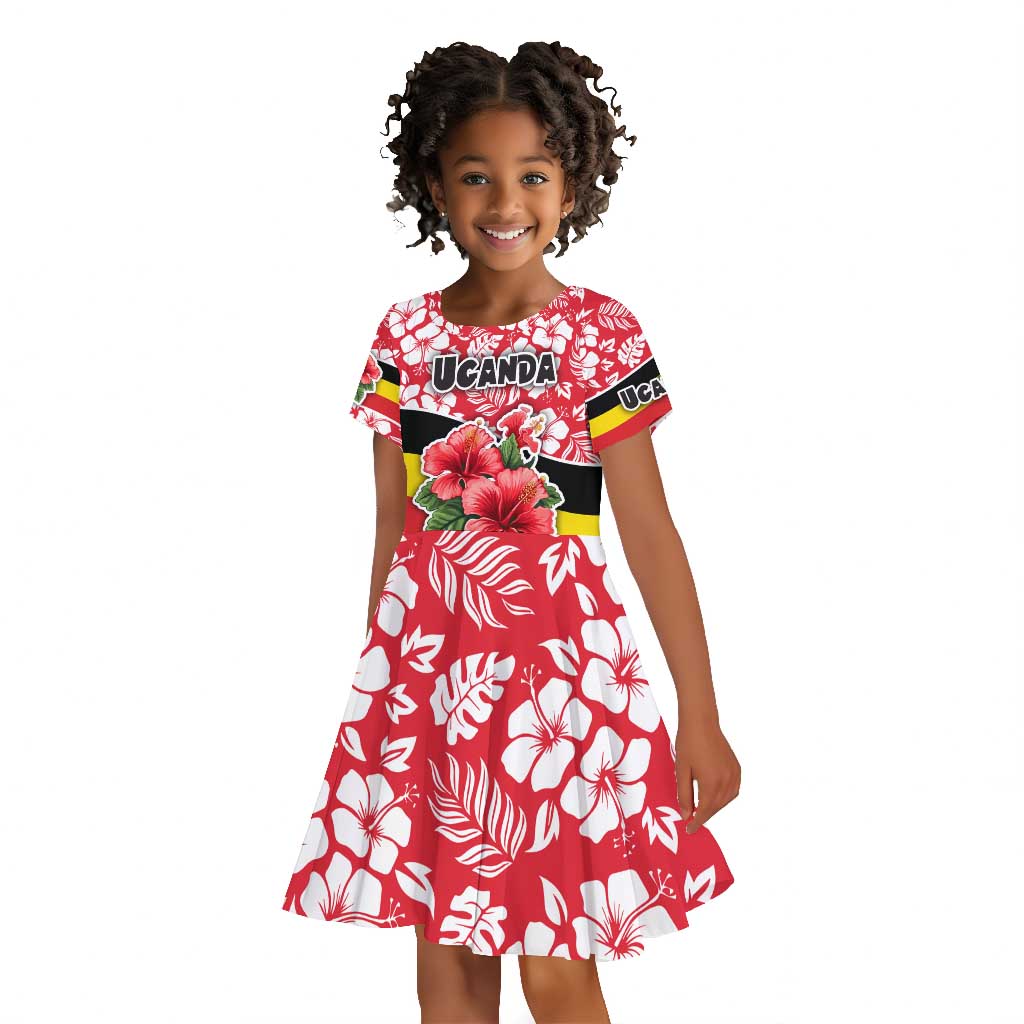Uganda Kid Short Sleeve Dress - Red Hibiscus Flowers and National Flag Design