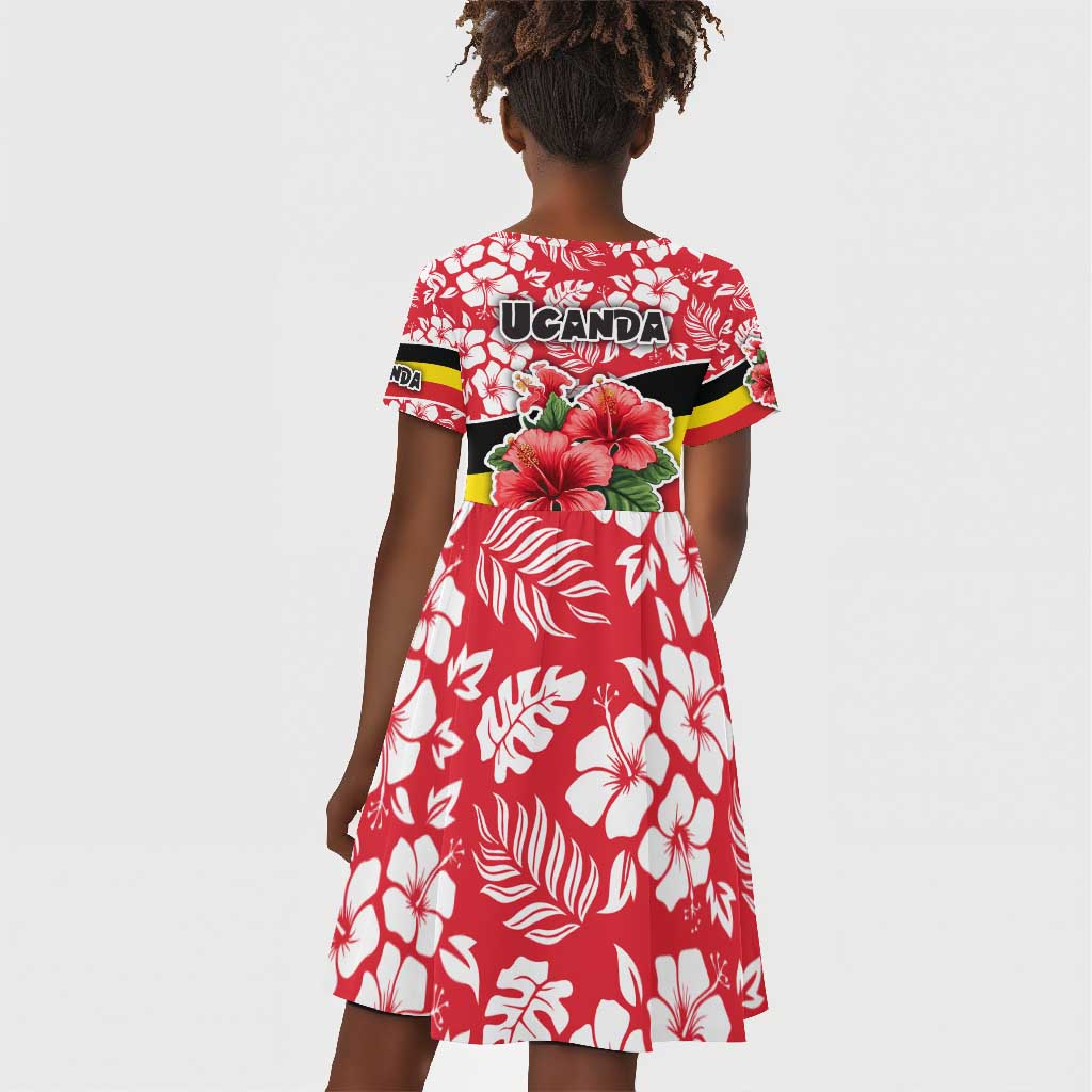 Uganda Kid Short Sleeve Dress - Red Hibiscus Flowers and National Flag Design