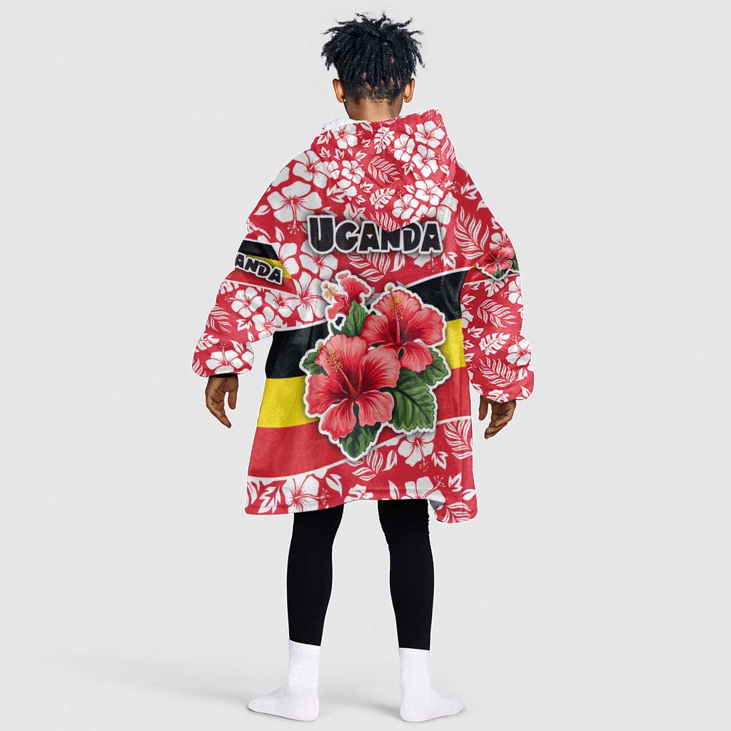 Uganda Kid Wearable Blanket Hoodie - Red Hibiscus Flowers and National Flag Design