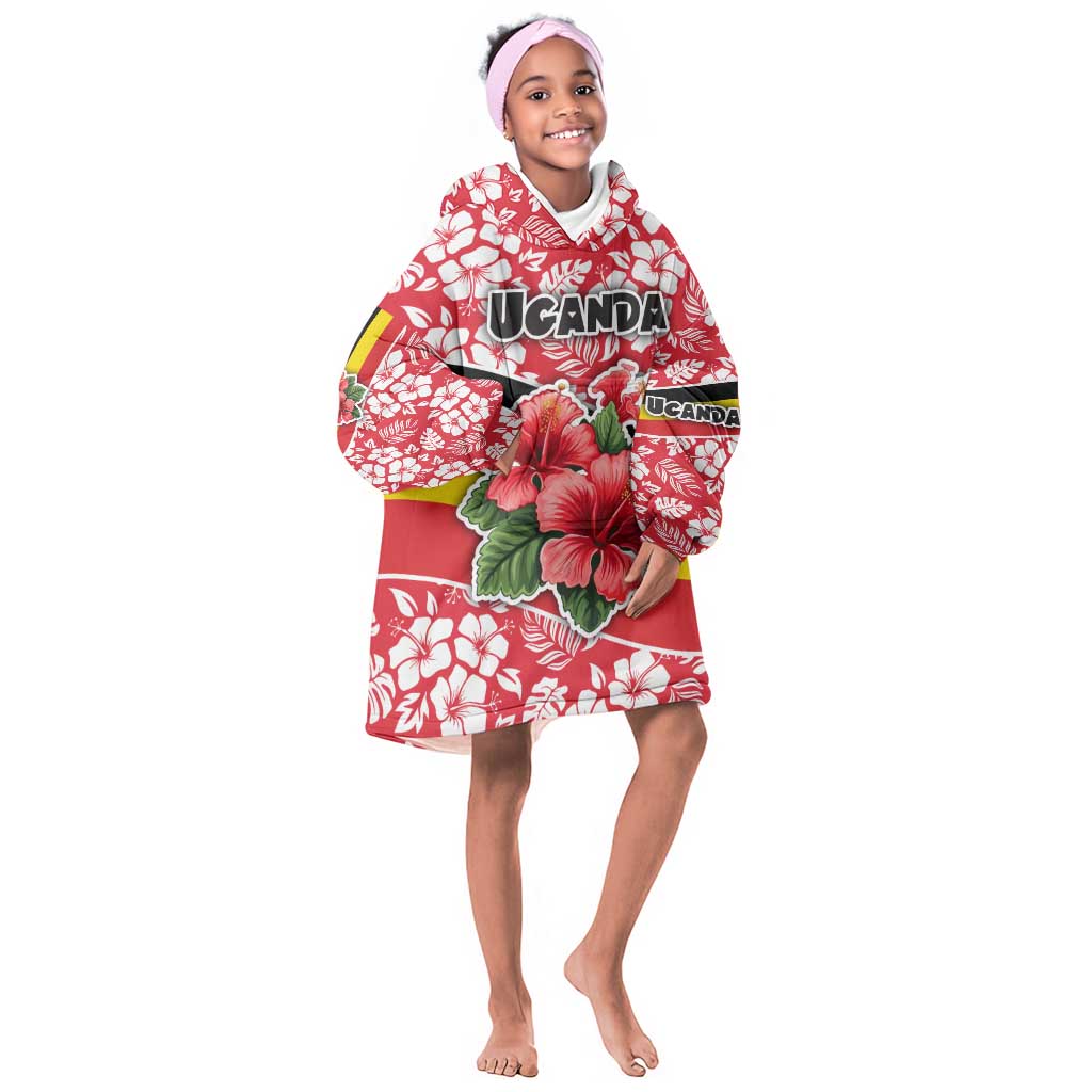 Uganda Kid Wearable Blanket Hoodie - Red Hibiscus Flowers and National Flag Design