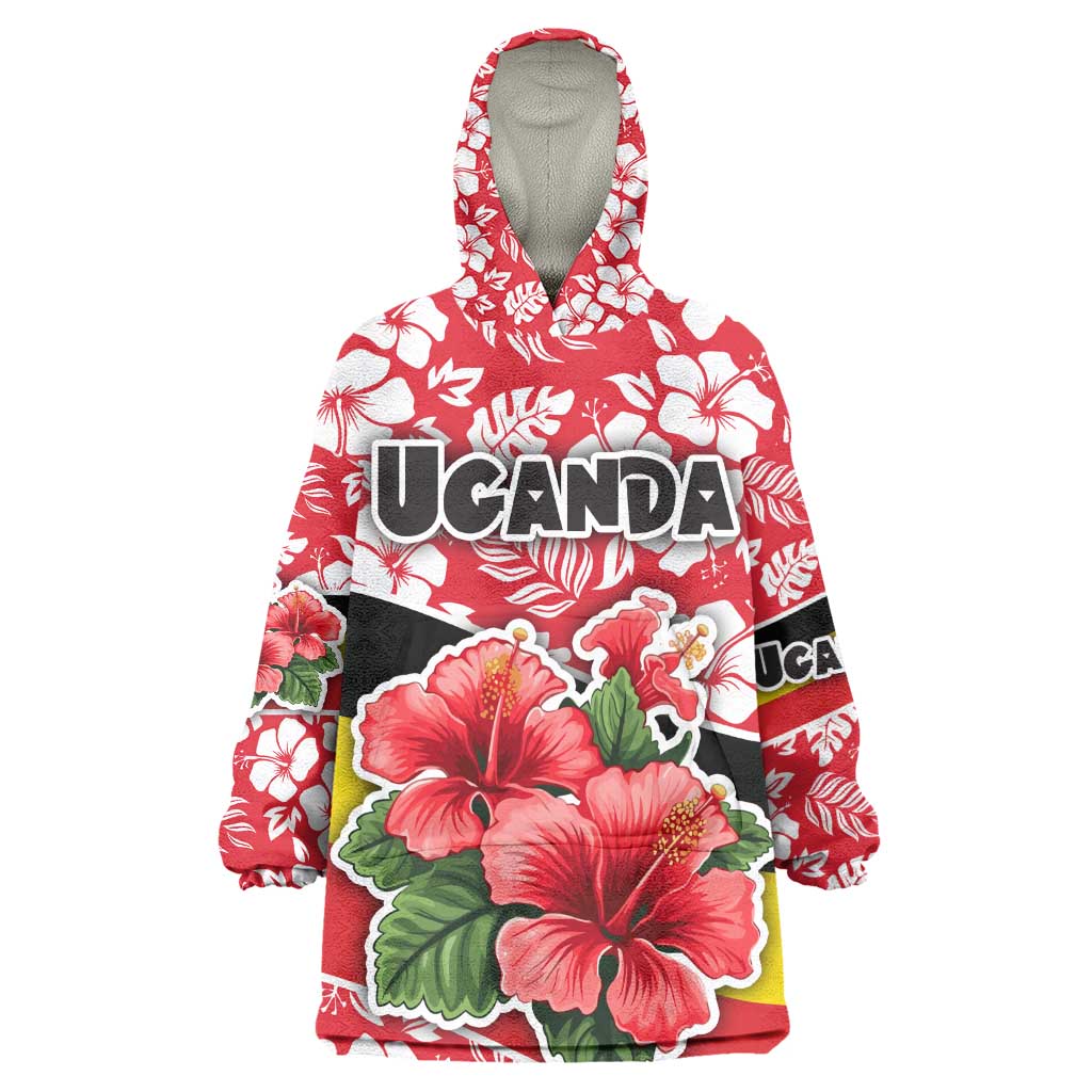 Uganda Kid Wearable Blanket Hoodie - Red Hibiscus Flowers and National Flag Design