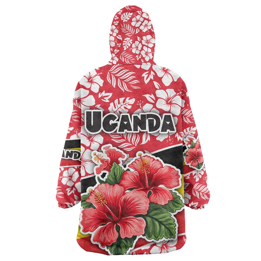 Uganda Kid Wearable Blanket Hoodie - Red Hibiscus Flowers and National Flag Design