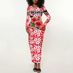 Uganda Long Sleeve Bodycon Dress - Red Hibiscus Flowers and National Flag Design TS04